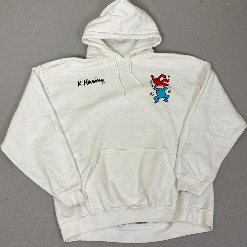 Keith Haring Hoodie White Dancing Figures Pop Art Pullover Sweatshirt Small